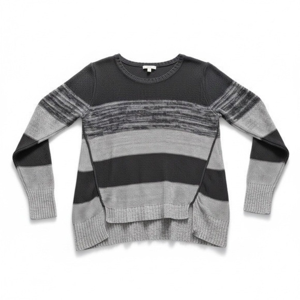 Eileen Fisher Organic Linen Striped Sweater Grey Charcoal L S4LGB-1